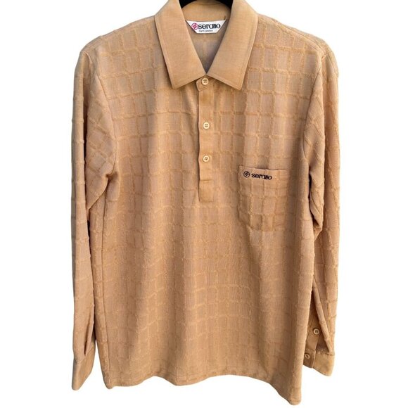 Serano Vintage Mens Tan Long-Sleeve Textured Grid Terrycloth Pocket Polo Shirt - Picture 1 of 8